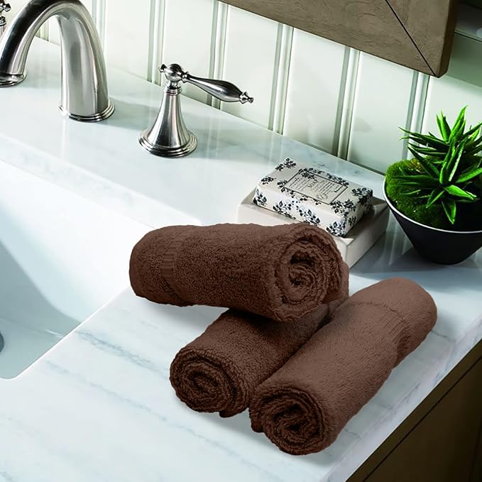 Luxury Hotel & Spa Collection, 100% Turkish Cotton 700 GSM Cloth, for Body wash, Makeup & Facial Cleaning, Baby, face, loofah, Dobby Border Soft washcloths Towel Set 13" X 13", Cocoa, Set of 12