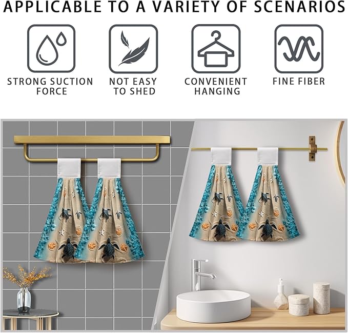 Sea Turtle Hanging Kitchen Towels Summer Ocean Tie Towels Beach Tortoise Hanging Hand Towel Nautical Seashell Hand Towel with Loop Coastal for Bathroom Set of 2 Home Decor 17x12