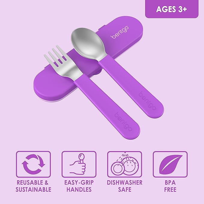 Bentgo® Kids Stainless Steel Utensil Set - Reusable Fork, Spoon & Storage Case - High-Grade BPA-Free Stainless Steel, Easy-Grip Handles, Dishwasher Safe for School Lunch, Travel & Outdoors (Purple)