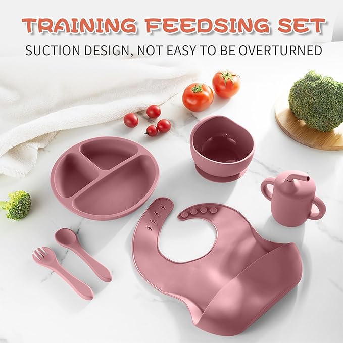 6-Piece Baby Feeding Set, Silicone Baby Mealtime Kit for Food-Grade Strong Suction Baby Plate+Baby Cup+ Bib+Fork+Spoon+Bowl, Toddler Eating Essentials Washable Parenting Gift Idea (Burgundy)