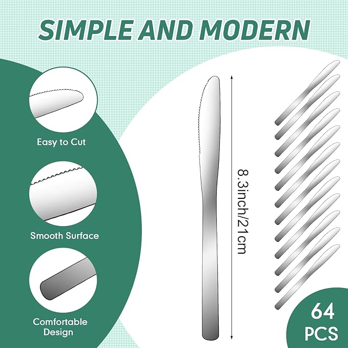 Therwen 64 Pieces Dinner Knives Set Stainless Steel Knife 8.43 Inches Silver Butter Knife Durable Table Knives Silverware for Home Restaurant Kitchen, Dishwasher Safe