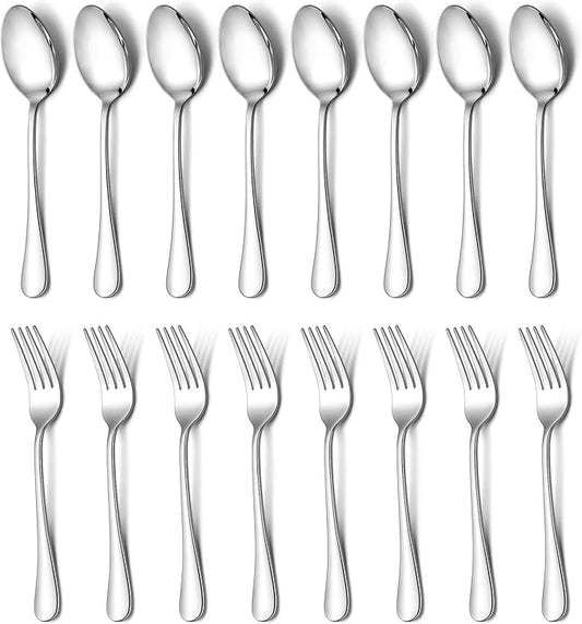E-far 16-Piece Dinner Forks and Spoons, Stainless Steel Silverware Flatware Eating Utensils Set for Home Kitchen Restaurant, Food Grade Metal & Simple Design, Mirror Finish & Dishwasher Safe, 8 Inch
