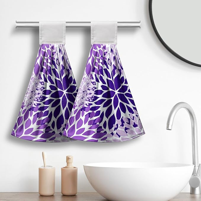 Purple Dahlia Hanging Kitchen Dish Towels Floral Hand Towel with Loop Violet Flower Bathroom Tie Towels Soft Absorbent Tea Towel for Bathroom Kitchen Decor Housewarming 12 x 17 Inch