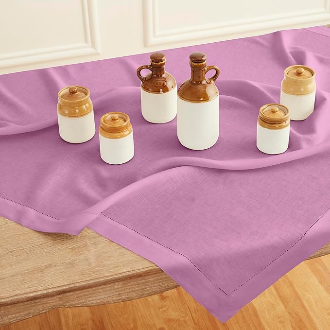 Solino Home Linen Tablecloth 52 x 52 Inch - 100% Pure Linen Violet Square Tablecloth - Classic Hemstitch, Machine Washable Table Throw for Valentines