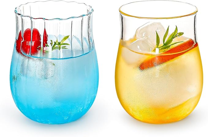 Koythin 2-Piece Ribbed Glass Cups, Vintage Drinking Glassware for Iced Coffee Juice Cocktails Milk Tea Beer, 10 oz/300 ml Cute Bubble Cup with Rounded Shape (Oval Tulip)