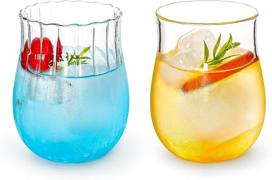 Koythin 2-Piece Ribbed Glass Cups, Vintage Drinking Glassware for Iced Coffee Juice Cocktails Milk Tea Beer, 10 oz/300 ml Cute Bubble Cup with Rounded Shape (Oval Tulip)