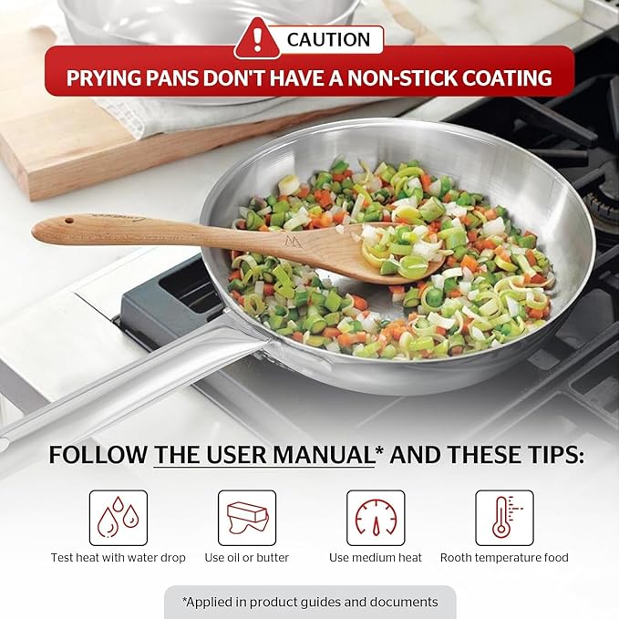 Sunhouse 10 Inch Tri-Ply Stainless Steel Frying Pan, Whole-Clad No Coatings Skillet with Stay-cool Handle for Cooking, Durable & Oven Safe to 500°F, Dishwasher Safe, Compatible with All Cooktops