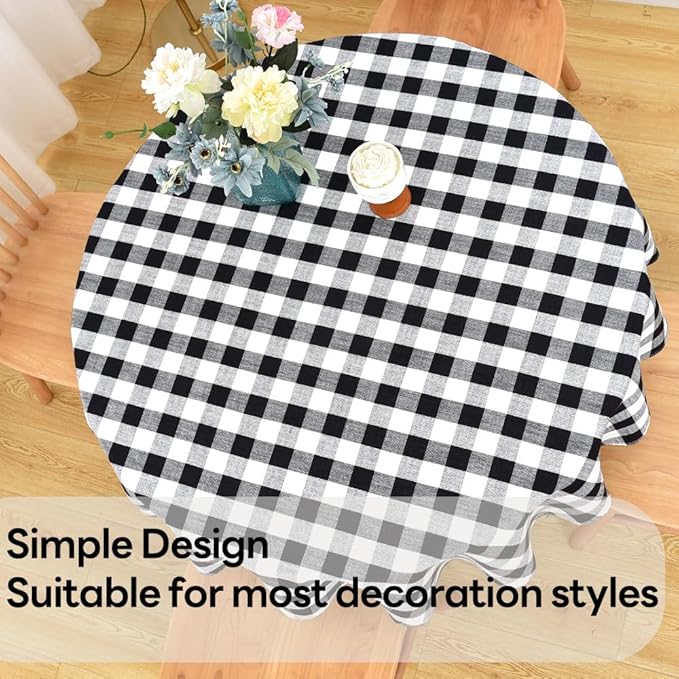 Gingham Round Tablecloth Table Cloth Heavy Duty Cotton Checkered Table Cloth Round Cover for Dining Room (R-Black, 53 inch Diameter)