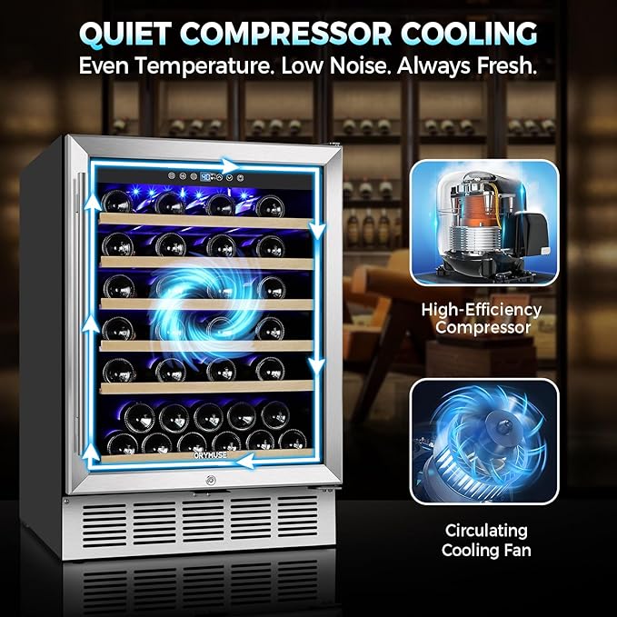 24 Inch Wine Fridge, 54 Bottle Wine Cooler Refrigerator with Stainless Steel Glass Door, LED Display, Upgraded Compressor, Built-In or Freestanding for Home Bar Kitchen