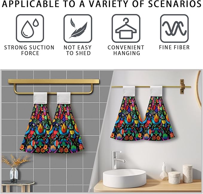 Mexican Day of The Dead Kitchen Towels with Hanging Loop Halloween Floral Hanging Hand Towel Holiday Dish Tie Towels Soft Absorbent Bathroom Kitchen Decoration