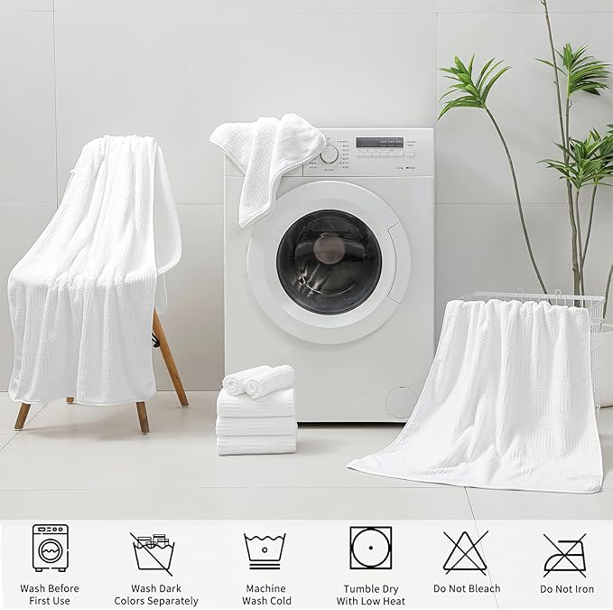 18 Pcs White Woven Family Towels Set-6 Bath Sheets,6 Hand Towels,6 Washcloths Soft Polyester Towels Absorbent Shower Towel Quick Dry Beach Chair Towel Lint Less Towels Set for Bathroom Spa Gym Hotel