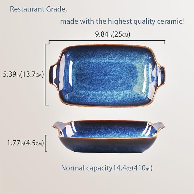 Ceramics Au Gratin baking Dishes Set of 2, Baking Tray Bake ware, 14.4oz Ramekins, for Pie Pan, Appetizer, Tart, Dessert, Quiche, Oven Small dish, individual dishes, Rectangular 9.8 Inch