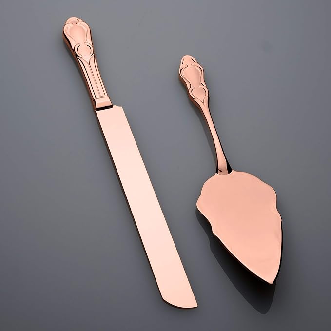 Ella Celebration Rose Gold Engravable Cake Knife & Server Set for Engraving, Rose Gold Wedding, Anniversary, Vintage Party Supplies (Elegant Rose Gold Engravable)