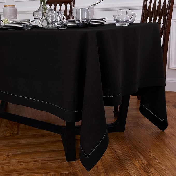 Solino Home Linen Black Tablecloth 70 x 70 Inch - Sonoma Hemstitch, 100% Pure Linen Square Tablecloth - Machine Washable Table Cloth for Winter, New Year