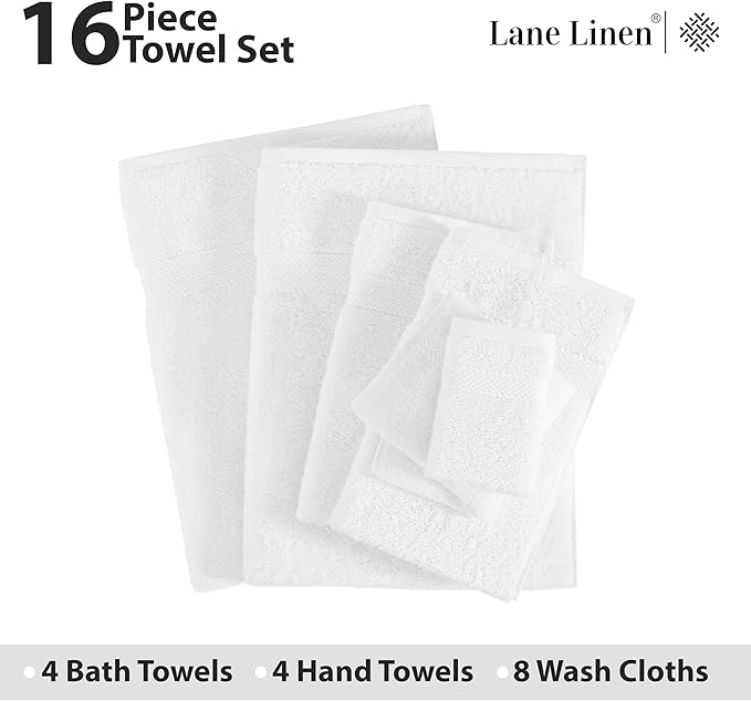 LANE LINEN 100% Mercerized Cotton Luxury Bathroom Towel Set - 16 Pcs - Super Soft, Fluffy & Highly Absorbent - 4 Bath Towels, 8 Washcloths, 4 Hand Towels - Complete Family Pack - White Bath Towel Set