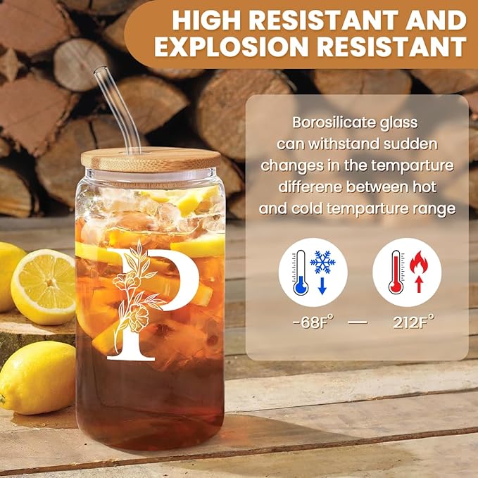 SANDJEST Monogrammed Gifts for Women - Monogram P Initial Glass Cup 16 Oz Can Coffee Cups with Lid and Straw - Monogram Initials Gifts for Womens on Birthday