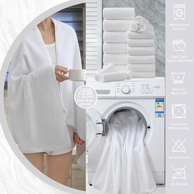 18 Piece Bath Towels Set,Ultra Soft Family Bathroom Towel Set with Hanging Loops-6 Bath Towels,6 Hand Towels,6 Washcloths,Highly Absorbent Quick Dry Shower Towel for Bathroom,Hotel,Spa-White Towel Set