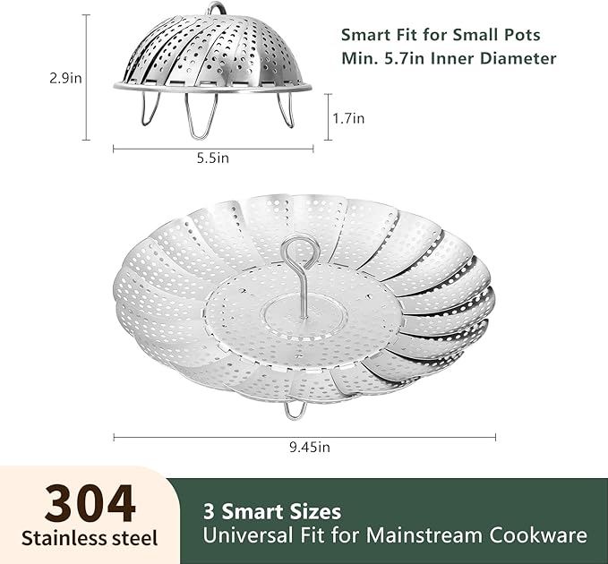 Steamer Basket for Cooking 304 Stainless Steel Entirely Thickened,Collapsible Steamer Insert for Pots, Fits Instant Pot/Skillets (5.5'' To 9.5'')