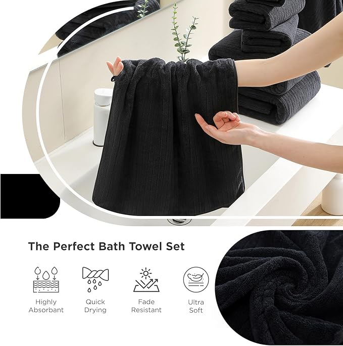 18 Piece Family Bath Towel Set Include 6 Bath Towels,6 Hand Towels and 6 Washcloths Soft Bathroom Towel with Hanging Loops,Highly Absorbent Quick Dry Towels Set for Bathroom,Hotel and Spa-Black