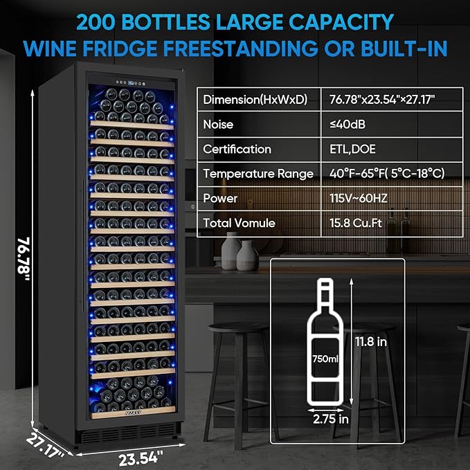 Large Wine Fridge, 200 Bottles Wine Fridge with Fast Cooling and Intelligent Temperature Memory, Wine Cooler Refrigerator Freestanding or Built-in, Professional Wine Cellar with Glass Door
