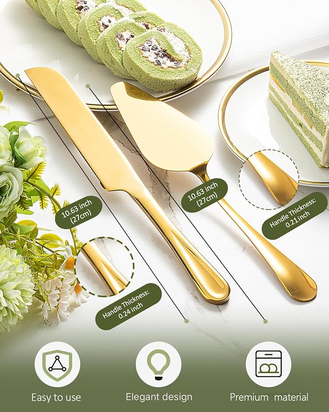 2-Piece Premium Cake Cutting Set, Exquisite Knife and Server with Serrated Design, Includes Cake Knife and Pie Spatula for Pastry, Pizza and Desserts (Gold)