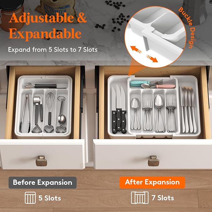 Lifewit Silverware Drawer Organizer, Expandable BPA Free Utensil Tray for Kitchen, Adjustable Flatware and Cutlery Holder for Spoons Forks Knives, Plastic Kitchen Organizers and Storage, White