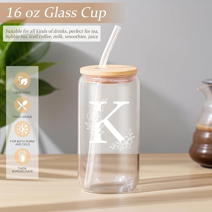 Personalized Gifts for Women, Monogrammed Gifts for Women, Initial 16 oz Glass Cups With Lids and Straws, Customized Mug, Personalized Birthday Gifts Christmas Gifts for Her Mom Friend Woman, K