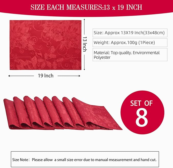 Cloth Place Mats Set of 8–Reusable Rectangular Waterproof Fabric Polyester Washable Wipeable Heat Resistant jacquard floral flowers for Kitchen Dining Dinner Wedding Table(Dark Red/13x19 Inch)