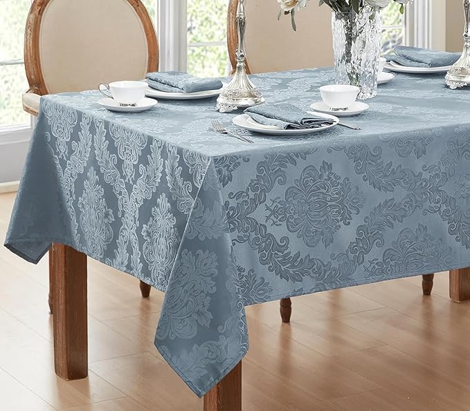 Newbridge Christmas Barcelona Damask Fabric Tablecloth, 60 x 144 Inch Rectangle, Blue – No Iron, Soil Resistant Table Cover for Dining, Parties and Holidays
