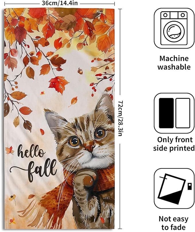 Imiss Fall Maple Leaf Hand Towels - Watercolor Cat Decorative Bathroom Towel Small Fingertip Towels Set of 2 Autumn Seasonal Guest Towels for Gym,Spa,Hotel