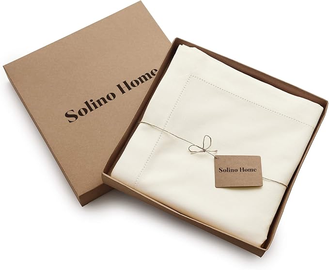 Solino Home Ivory Tablecloth 58 x 120 Inch - Cotton Linen Hemstitch Rectangular Tablecloth - Machine Washable Table Cloth for Holiday, New Year