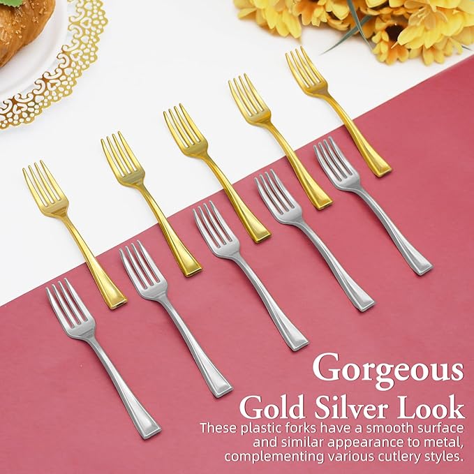 100 PCS Gold and Silver Mini Forks Heavy Duty, 4 inch Gold and Silver Plastic Fork, Mini Forks for Appetizers, Dessert Fork Disposable, BPA Free, Food Safe, Suitable for All Occasions