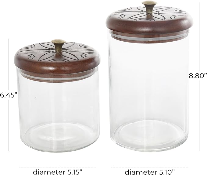 Deco 79 Glass Floral Living Room Decorative Jars Carved Decorative Container with Brown Wooden Lids and Gold Knobs, Set of 2 Jar with Lid 9", 6"H, Clear