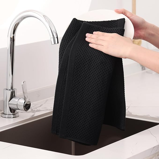 Homaxy 100% Cotton Waffle Weave Kitchen Dish Towels, Ultra Soft Absorbent Quick Drying Cleaning Towel, 20x28 Inches, 12-Pack, Black