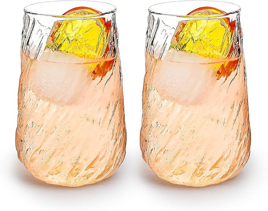 Koythin 2-Piece Ribbed Glass Cups, Vintage Drinking Glassware for Iced Coffee Juice Cocktails Milk Tea Beer, 14 oz/400 ml Cute Cute Bubble Cup with Spiral Tree Texture (Irregular Twill)
