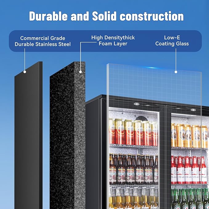 Tylza Back Bar Cooler With 2 Glass Doors, 200L Under Counter Back Bar Refrigerator with LED Lighting, Safety Locks, Counter Height Bar Beverage Cooler for Beer, Soda Drinks, Wine, Black