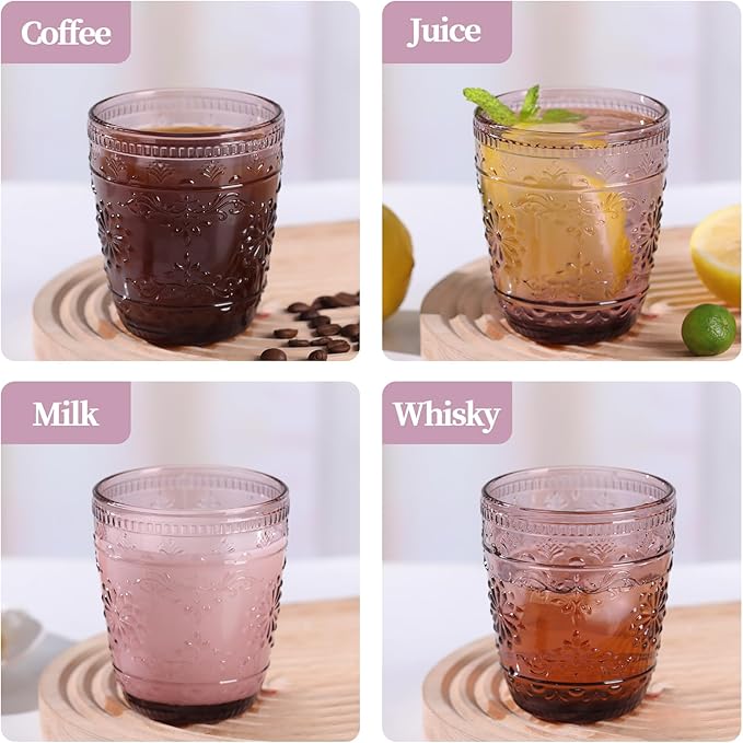 Purple Glassware set of 4, 10OZ Drinking Glasses, Purple Heavy Duty Glass Cups, Colored Glassware Set, Embossed Glasses Set for Party Wedding Home Office Gift