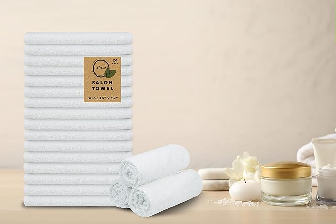 Softolle Salon Towels – Pack of 24 (16"x27") 100% Cotton Ring Spun – Ultra Soft, Highly Absorbent Hand Towels – Bulk for Spa, Gym & Salon (White, Salon Towels – Pack of 24 (16"x27"))