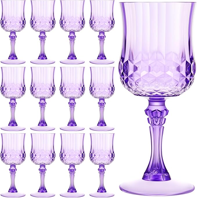 Pinkunn 12 Pcs 7 oz Plastic Vintage Wine Glasses Reusable Colored Goblets Patterned Drinking Water Glasses Cup Dishwasher Safe for Christmas Wedding Reception Party Supplies (Purple)