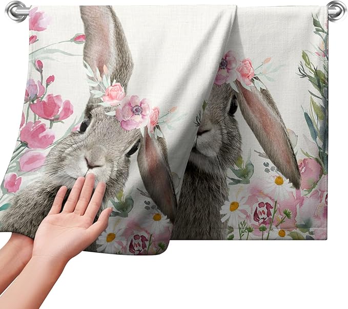 Easter Bunny Hand Towels Spring Cute Rabbits Kitchen Towel Flowers Soft Portable Dish Tea Towels Washcloths for Kitchen Bathroom Decorations 14.4X 28.3