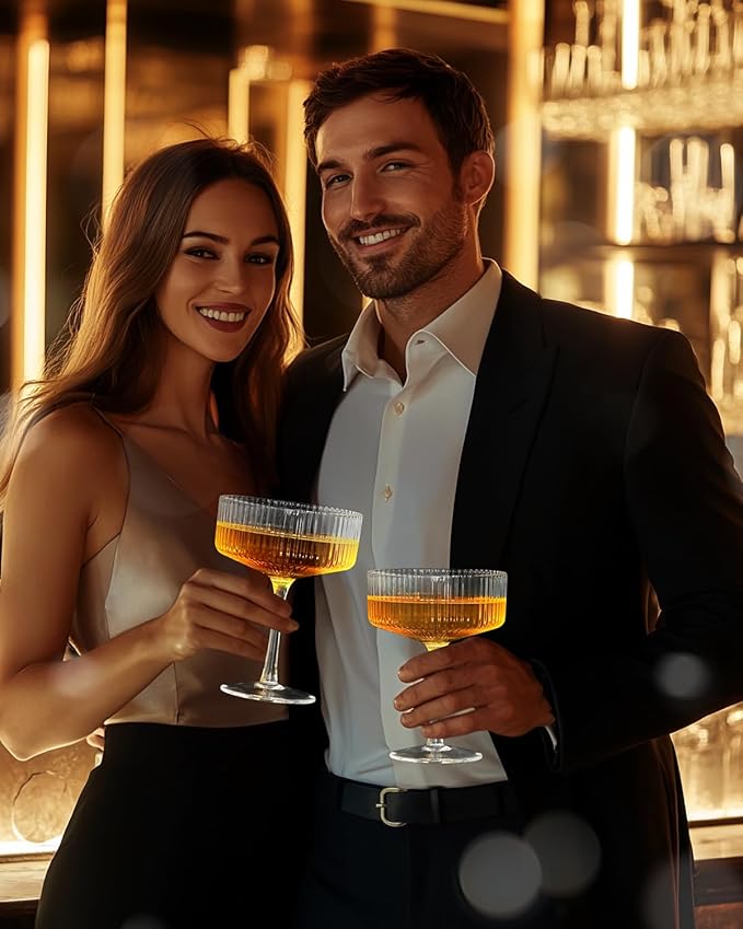 4 Pcs Coupe Glasses, Hand Blown 10 oz Cocktail Glasses, Ribbed Martini Glasses, Gift Boxed Drinking Glasses Set Pefect for Espresso Martini, Manhattan, Cocktail, Wine, Champagne