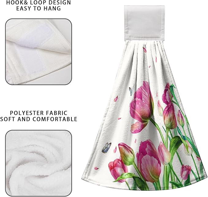 Pink Tulip Flower Hanging Kitchen Towels Spring Floral Hand Towels with Hanging Loop Set of 2 Decorative Summer Tea Towel Soft Absorbent Dish Tie Towels for Bathroom Kitchen 12x17 Inches