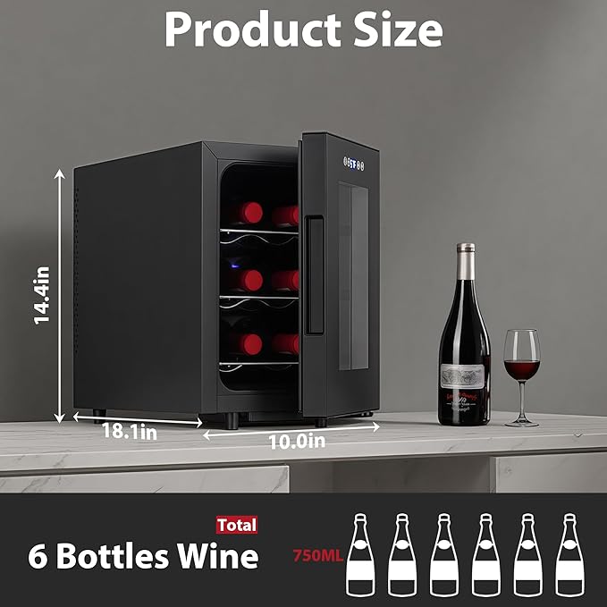 Iceblue Wine Fridge, Digital Temperature Control White & Red Wine 6 Bottle Wine Cooler with Wine Rack, Champagne Wine Cooler Refrigerator for Bar, Home,Kitchen,Gift (Black)