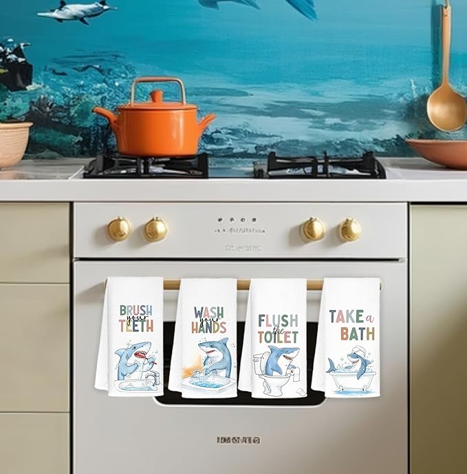 Shark Bathroom Hand Towels, Shark Bathroom Decor, Sharks Lover Gifts Decorative Hand Towels for Kids Bathrooms, Funny Coastal Beach Kitchen Towels, 16x24 Inch Set of 4