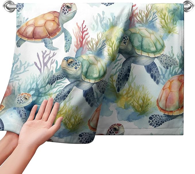 Sea Turtle Kitchen Towels Summer Corals Hand Towel Ocean Animal Dish Towel 14.4 X 28.3 in Soft Absorbent Cotton Towels for Bathroom Kitchen Decorations