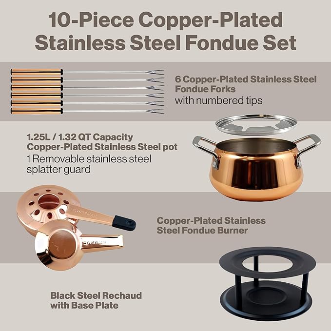 Swissmar Peak 10-Piece Copper-Plated Stainless Steel Fondue Set - Ideal for Oil & Broth Fondue - Perfect for Kitchen Collection & Wedding Gift Giving - 1.25 Liter / 1.32 Quarts