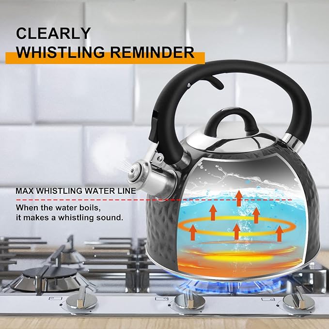 Copper Tea Kettle Stainless Steel Teapot Whistling Kettle Unique Button Control Kettle Outlet Loud Whistle Food Grade Teapot 3.2 Quart / 3 Liter Black