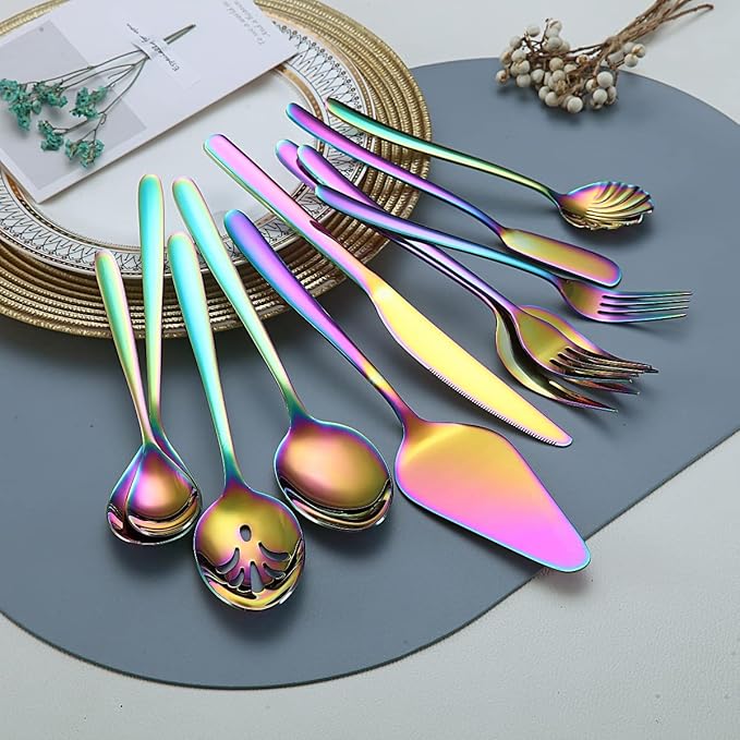 Rainbow Silverware Set 46 Piece, Stainless Steel Flatware Set, Cutlery With Cake Server, Serving Spoon, Slotted Serving Fork, Sugar Spoon, Butter Knife (Shiny Rainbow)