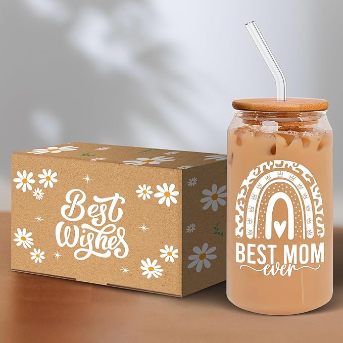 HEXMOZ Gifts for Mom from Daughter, Son, Kids - First Christmas Moms Gift for New Moms, Wife, Mama from Husband - Christmas Mom Gifts for Wife, Her - 16oz Glass Drinking Cup with Straw Gift Box
