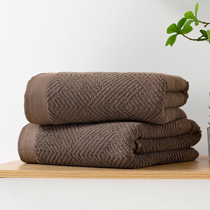 sense gnosis Chocolate Bath Towel Set of 2 Premium 100% Cotton Herringbone Striped Weave Ultra Soft Highly Absorbent Bath Towel for Bathroom 27 X 55 Inch